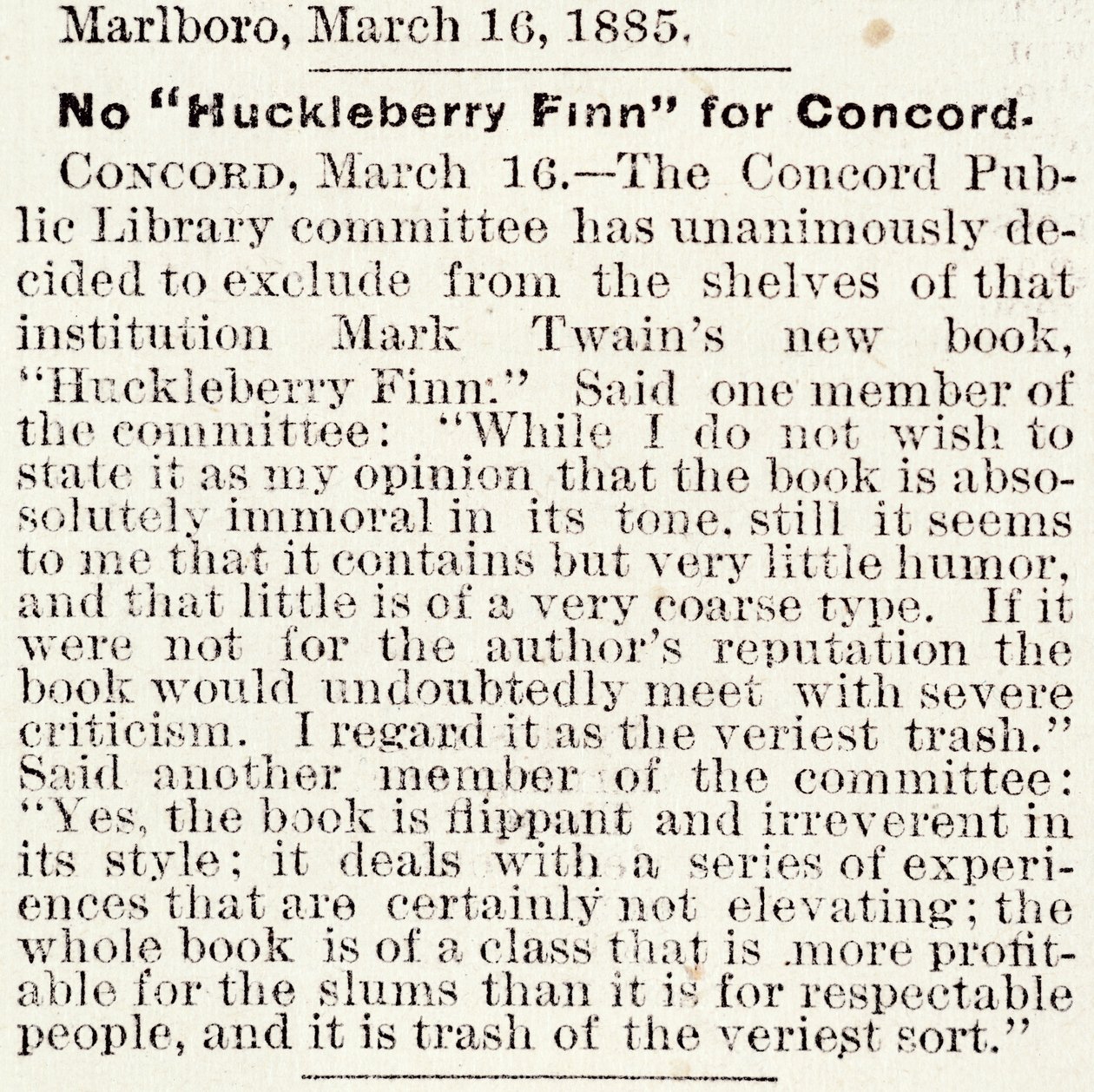 Artikkel i Boston Daily Globe angående forbud mot Huckleberry Finn i Concord, Massachusetts, fra 16. mars 1885 (avispapir) av American School