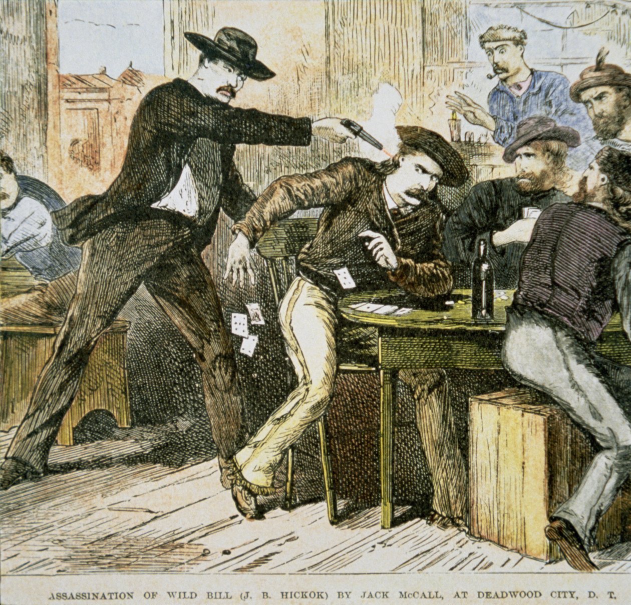 Assassination of 'Wild Bill' (WB Hickok) av Jack McCall i Deadwood City, Dakota Terrirory, 2. august 1876 (farge litho) av American School