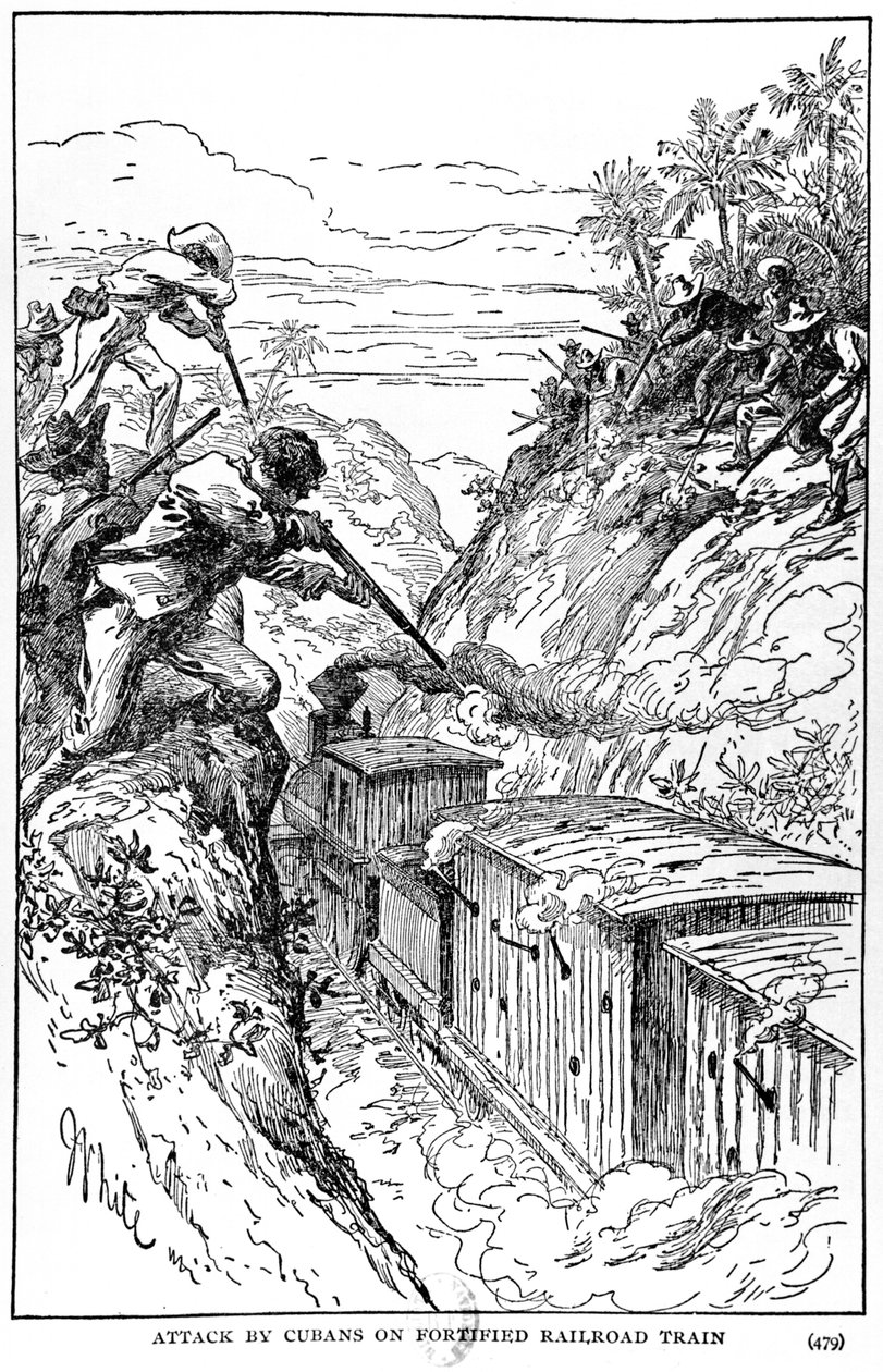 Angrep fra cubanere på befestet jernbanetog, illustrasjon fra The Story of Cuba av Murat Halstead, publisert 1898 av American School