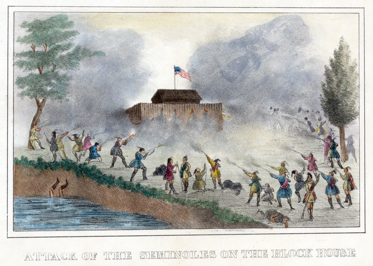 Attack of the Seminoles on the Block House, pub. 1836 (håndfarget gravering) av American School