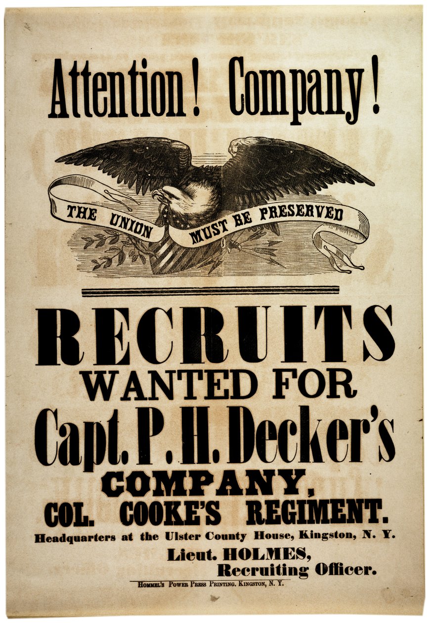 Merk følgende! Company!, rekrutterer bredside for New York 156th Infantry, 1862 av American School