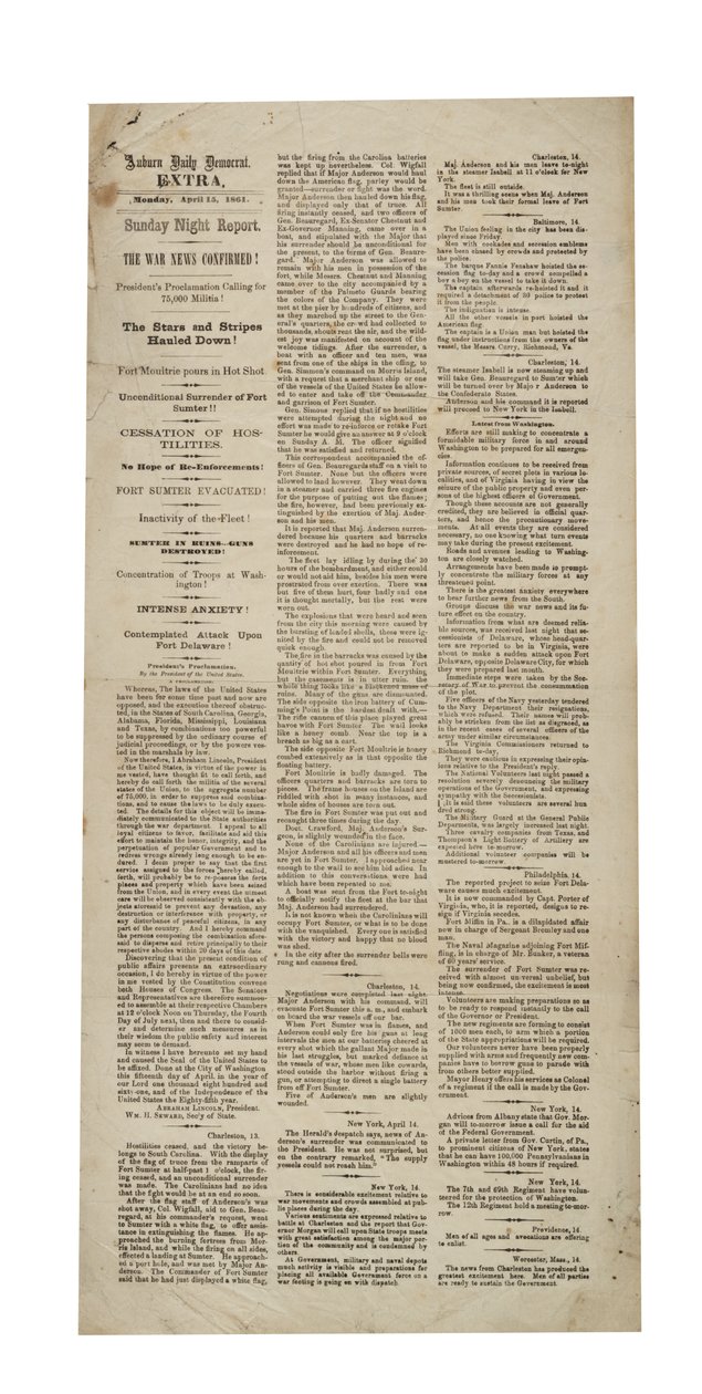 Auburn Daily Democrat Extra re: Fort Sumter, 15. april 1861 av American School