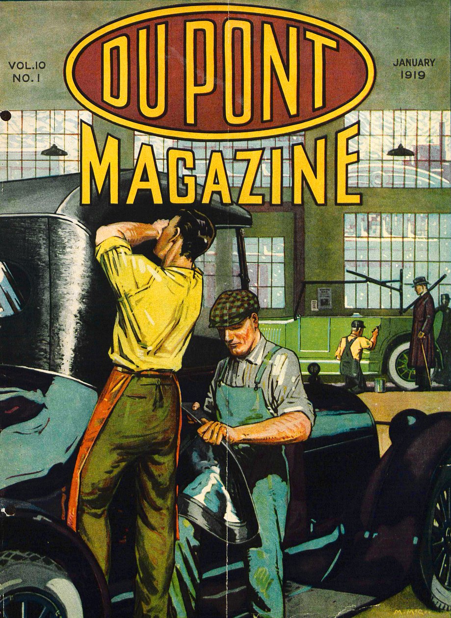 Bilreparasjon, forside av DuPont Magazine, januar 1919 av American School