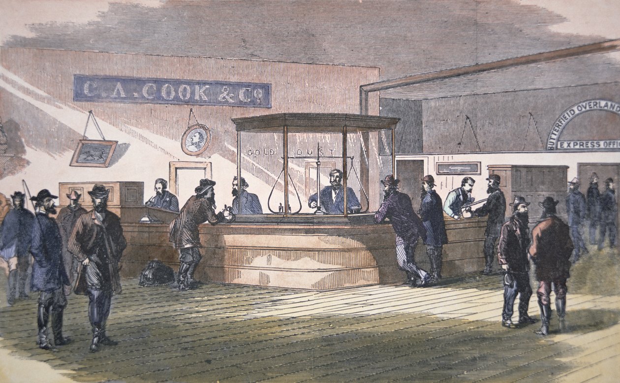 Bank i San Francisco, ca. 1860 (farget gravering) av American School