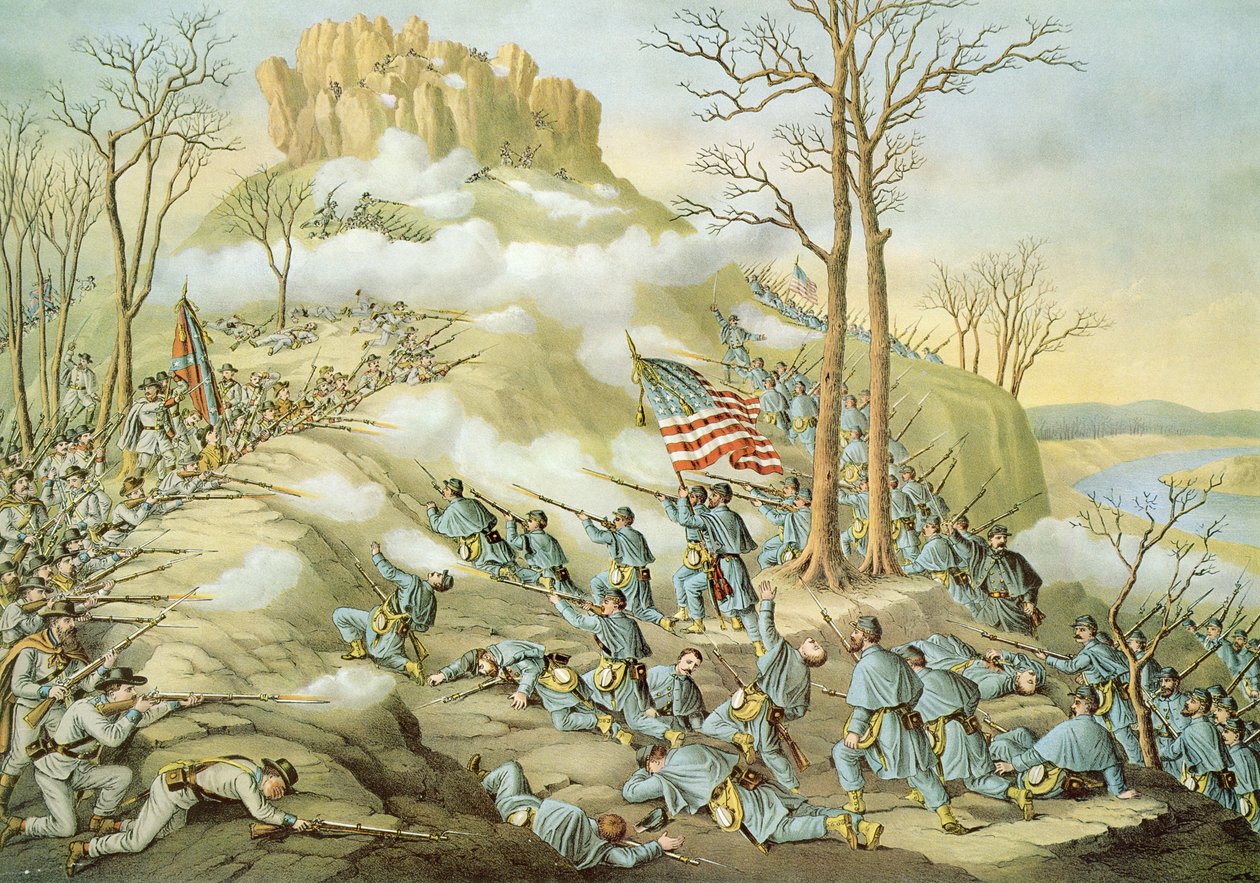 Slaget ved Lookout Mountain, 24. november 1863, gravert av Kurz & Allison av American School