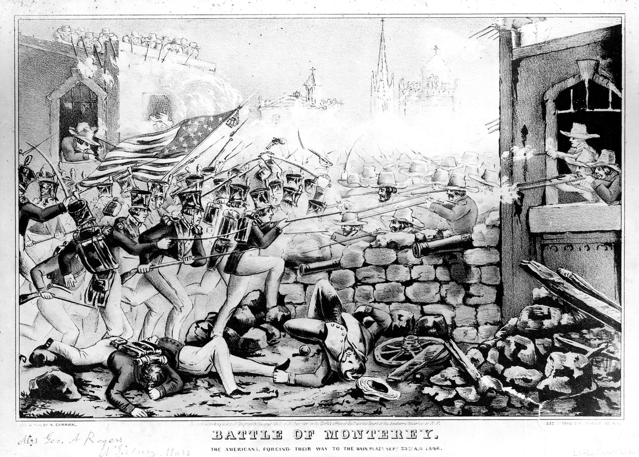 Battle of Monterey: The Americans Forcing their Way to the Main Plaza, 23. september 1846, gravert og utgitt av Nathanial Currier (1813-88) av American School