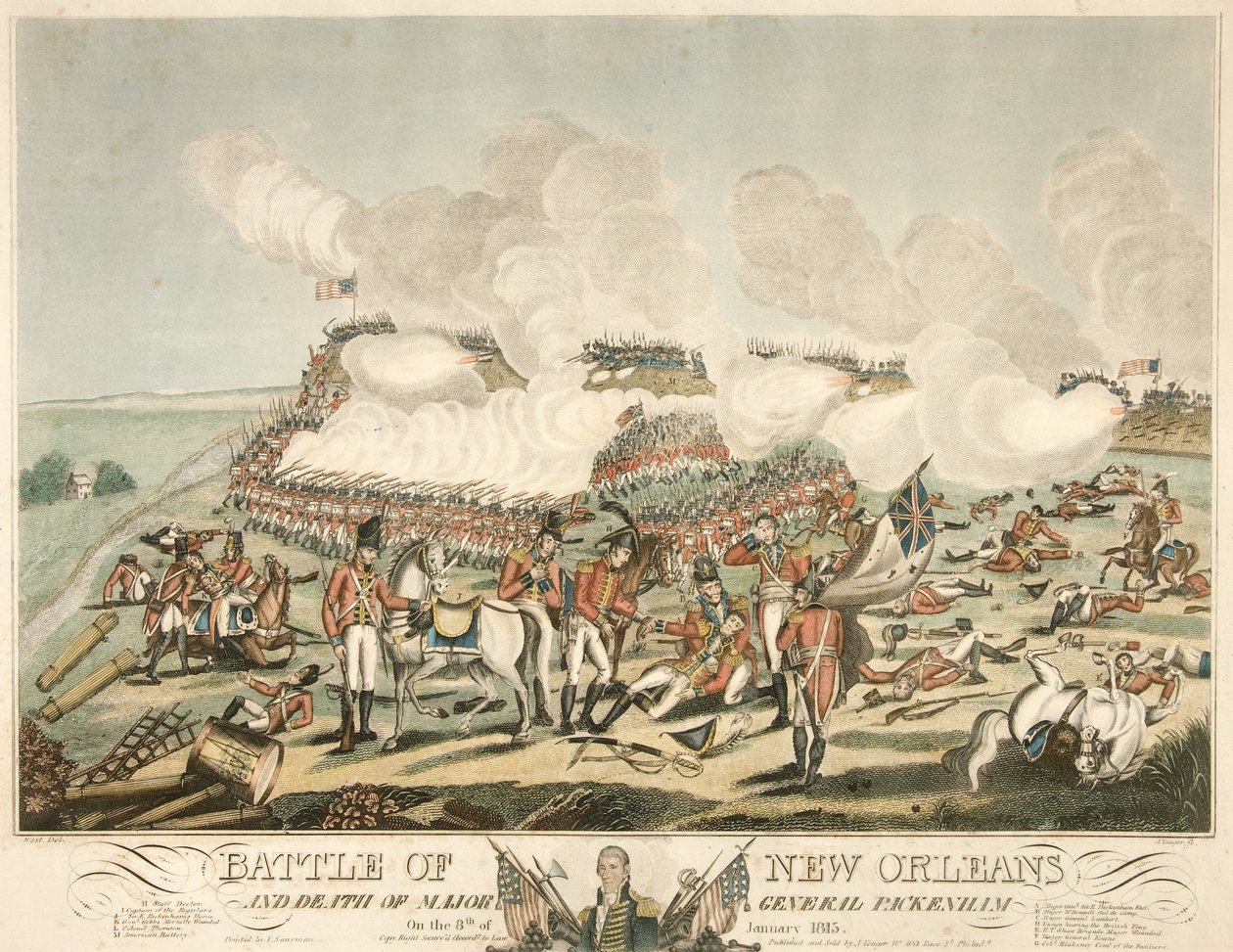 Slaget ved New Orleans og generalmajor Packenhams død den 8. januar 1815, pub. 1815 (farget gravering) av American School