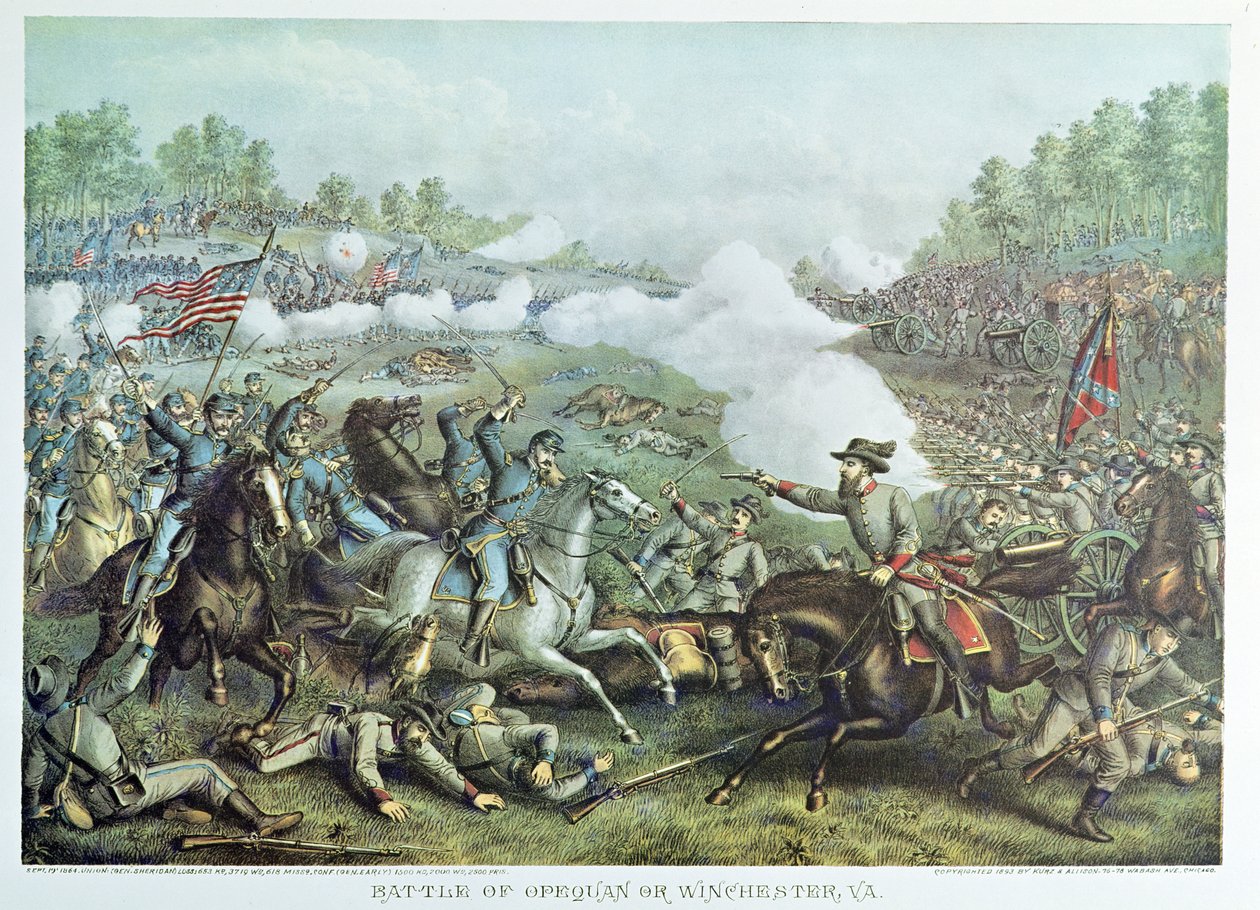 Battle of Opequan eller Winchester, Virginia, gravert av Kurz & Allison av American School