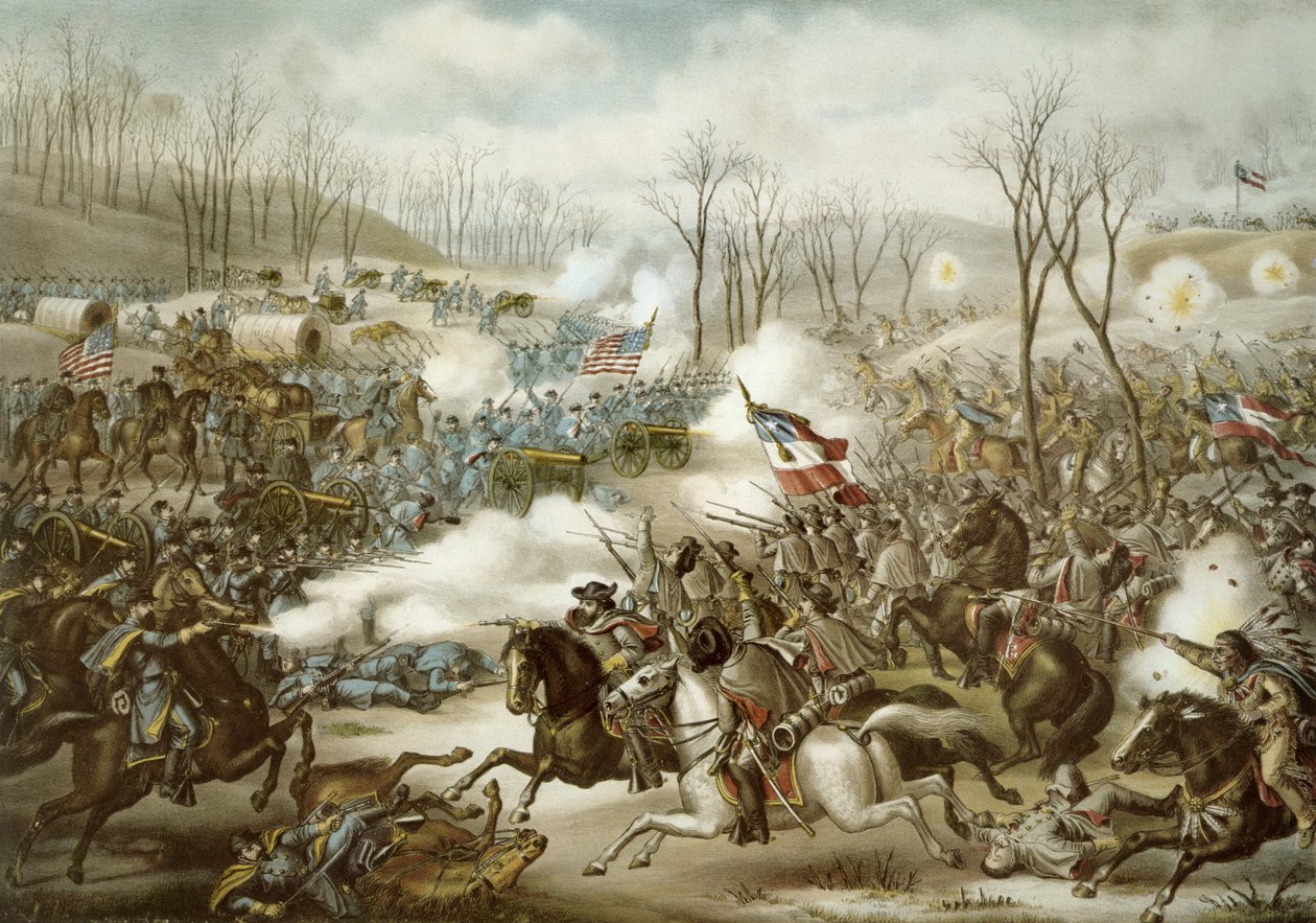 Battle of Pea Ridge, Arkansas, 6.-8. mars, gravert av Kurz & Allison (farge litho) av American School