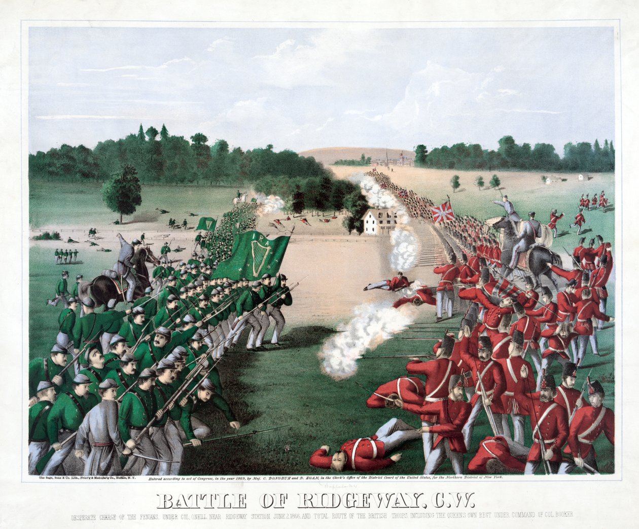 Battle of Ridgeway, C.W., pub. 1869 (farget gravering) av American School