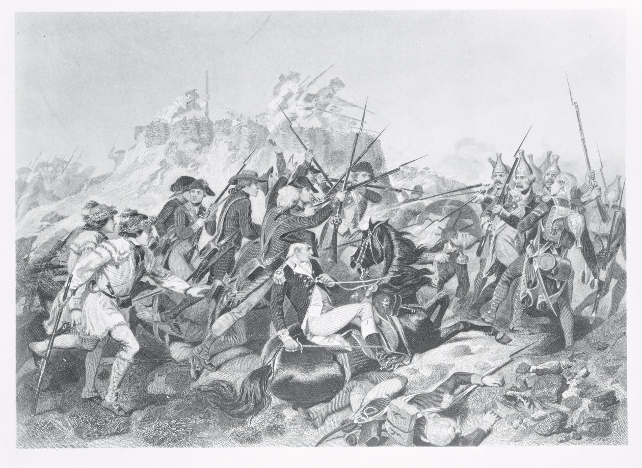 Slaget ved Saratoga - General Arnold såret i angrepet på Hessian Redoubt, 17. oktober 1777 av American School