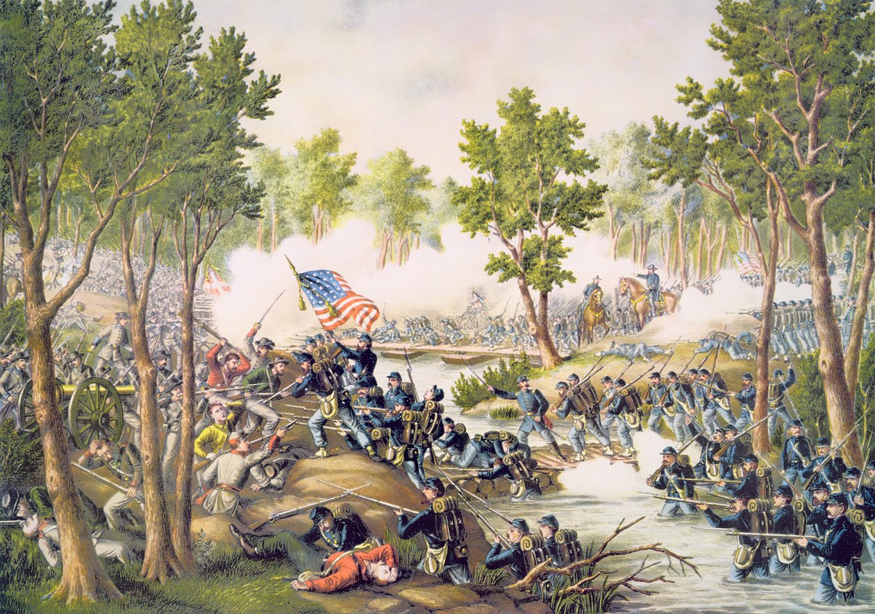 Slaget ved Spottsylvania, mai 1864, gravert av Kurz & Allison av American School