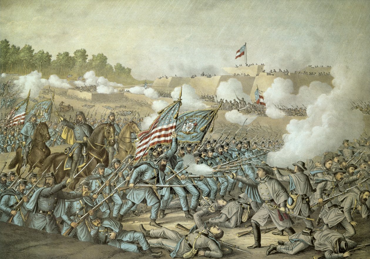 Slaget ved Williamsburg, 5. mai 1862 av Kurz & Allison (farge litho) av American School