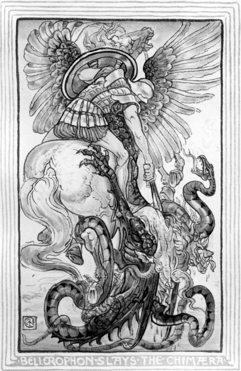 Bellerophon Slayed the Chimera, hentet fra The Wonder-Book for Girls and Boys skrevet av Nathaniel Hawthorne, 1852 av American School