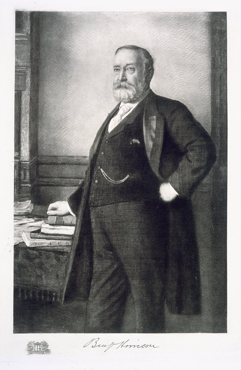 Benjamin Harrison (1833-1901), 23. president i USA, pub. 1901 (fotogravyr) av American School