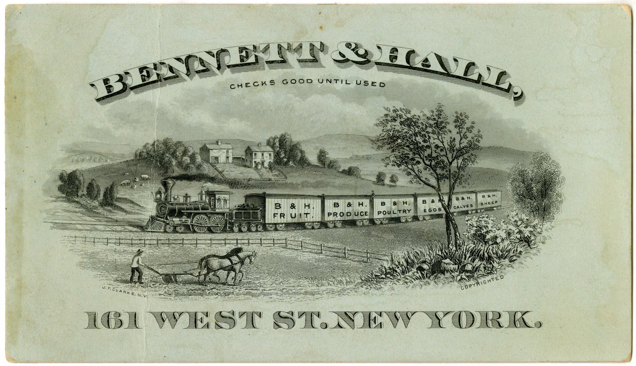 Bennett & Hall handelskort [recto], 1882 (gravert litografi [handelskort]) av American School