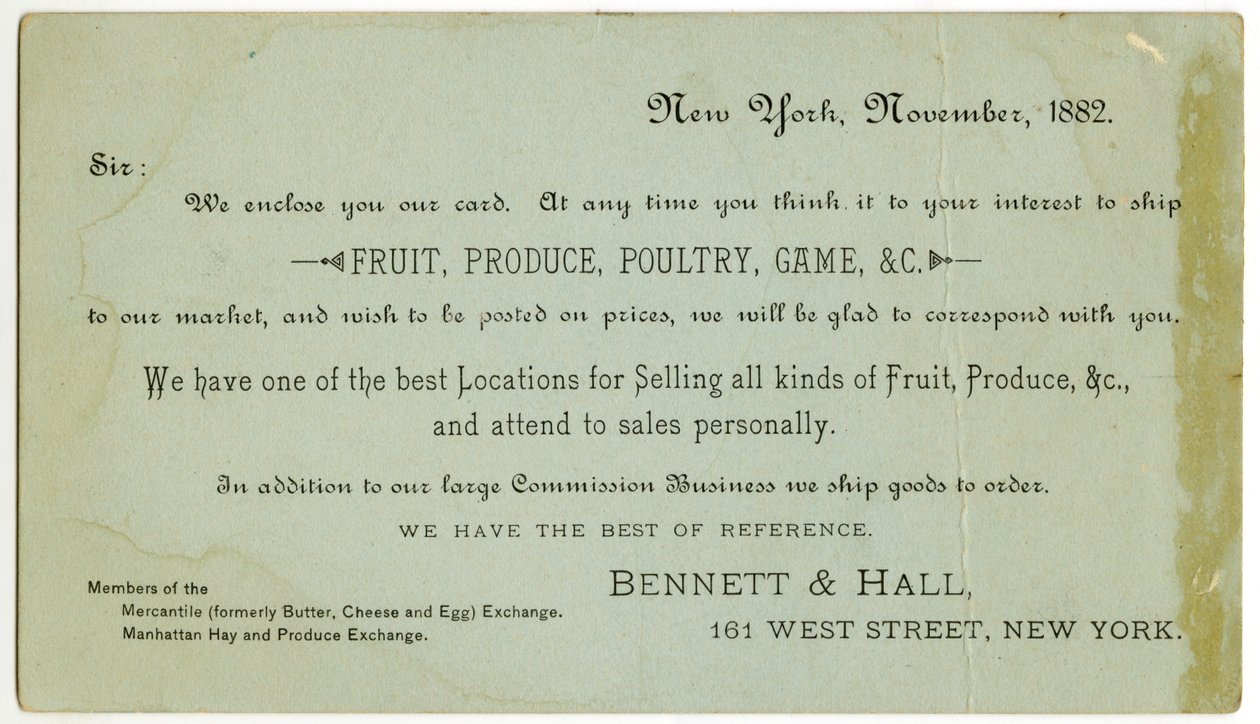 Bennett & Hall handelskort [verso], 1882 (gravert litografi [handelskort]) av American School