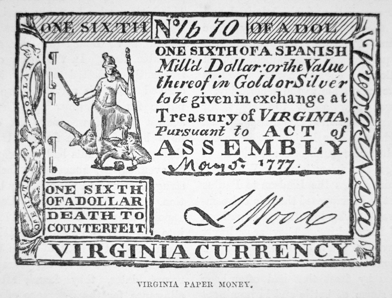 Regning for en sjettedel av en dollar, Virginia papirpenger av 1777 (litho) av American School