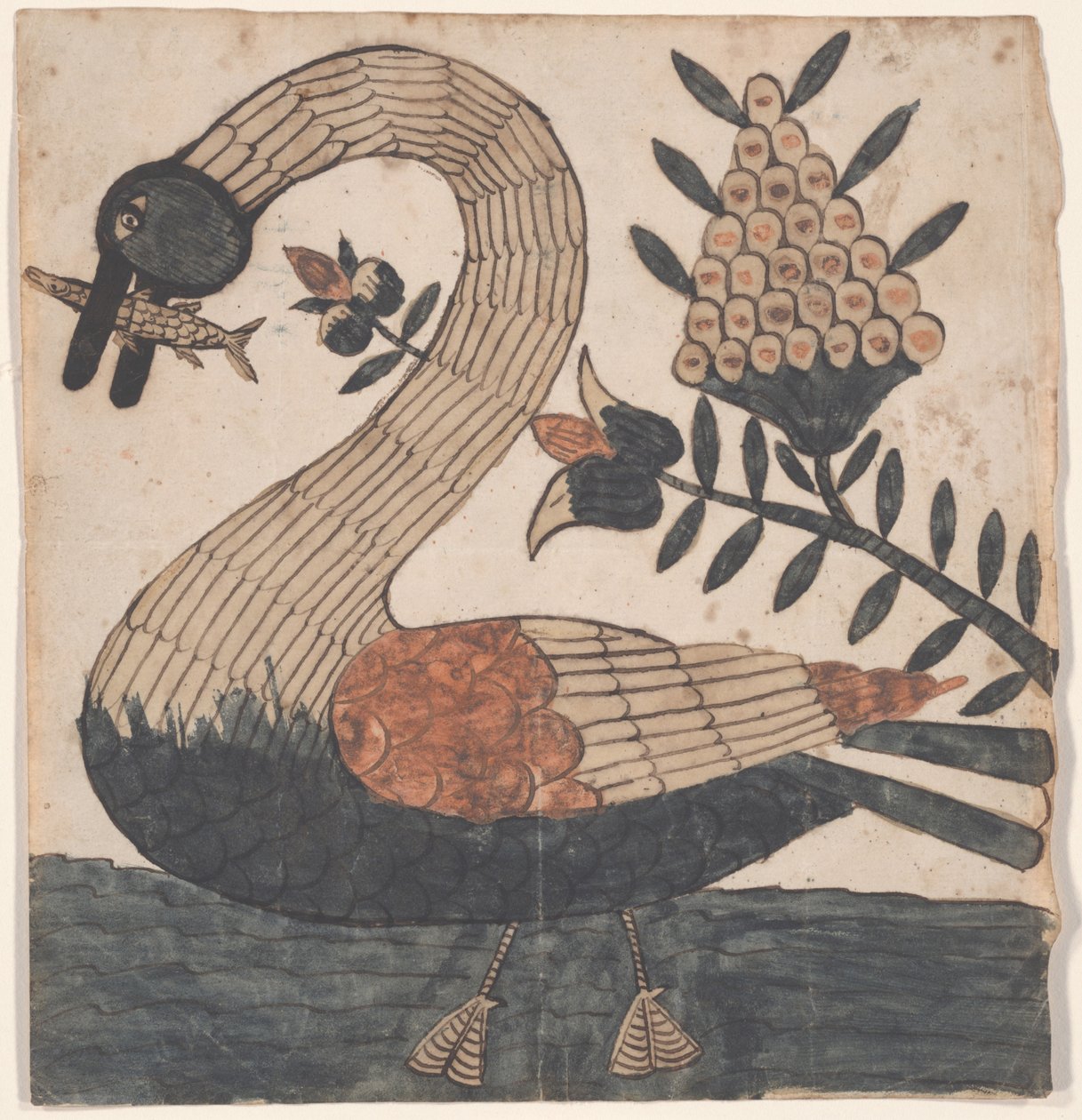 Fugl med fisk, Fraktur-maleri, ca. 1810 av American School