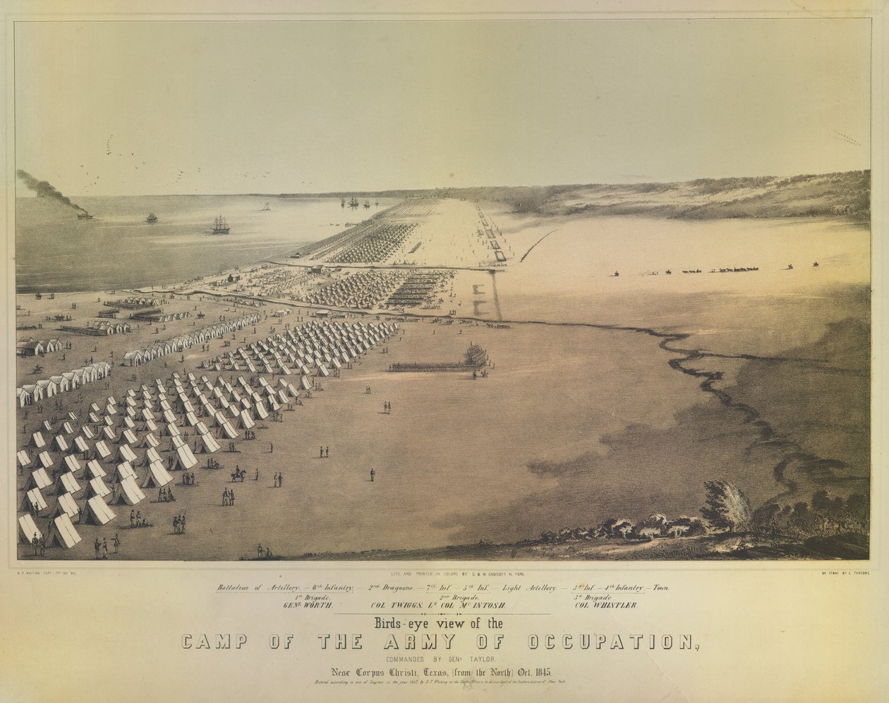 Fugleperspektiv av Camp of the Army of Occupation, trykt av G & W Endicott, New York, 1847 av American School