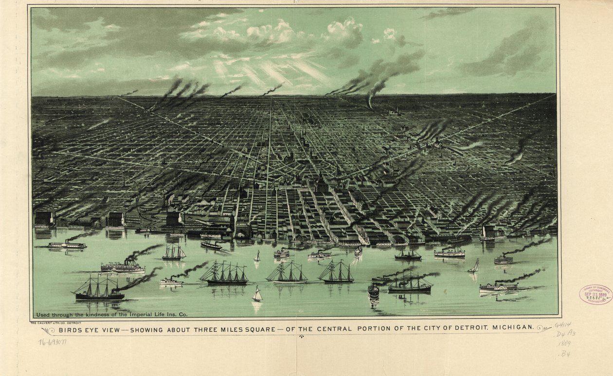 Fugleperspektiv – som viser omtrent tre mil kvadratisk – av den sentrale delen av byen Detroit, Michigan, ca. 1889 (litho) av American School
