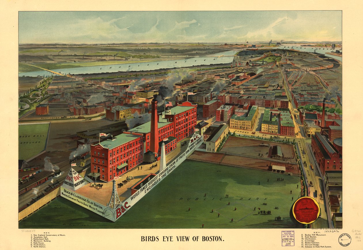 Fugleperspektiv av Boston, ca. 1902 (farge litho) av American School