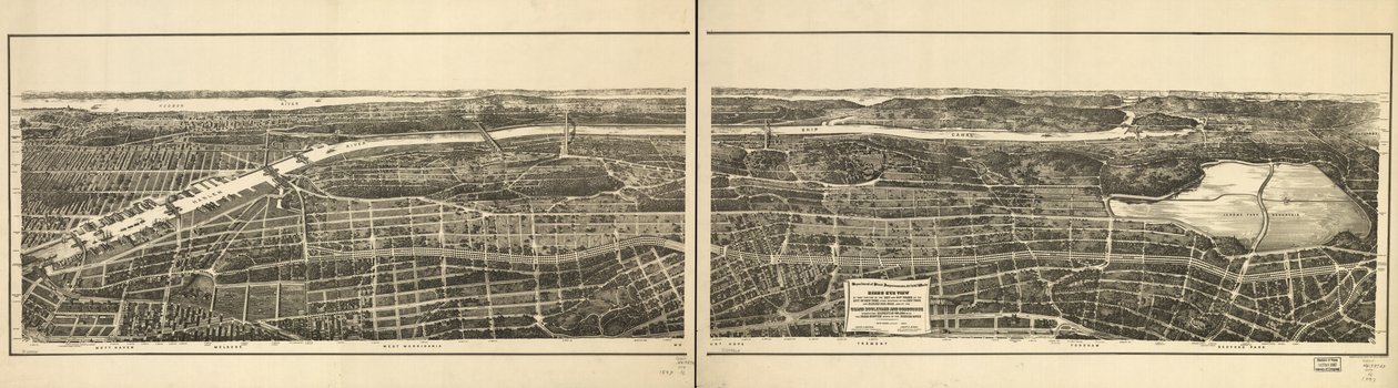 Fugleperspektiv av den delen av 23. og 24. avdeling av byen New York, som ligger vest for New York og Harlem Railroad, og av Grand Boulevard og Concourse som forbinder Manhattan Island med parksystemet nord for Harlem River av American School
