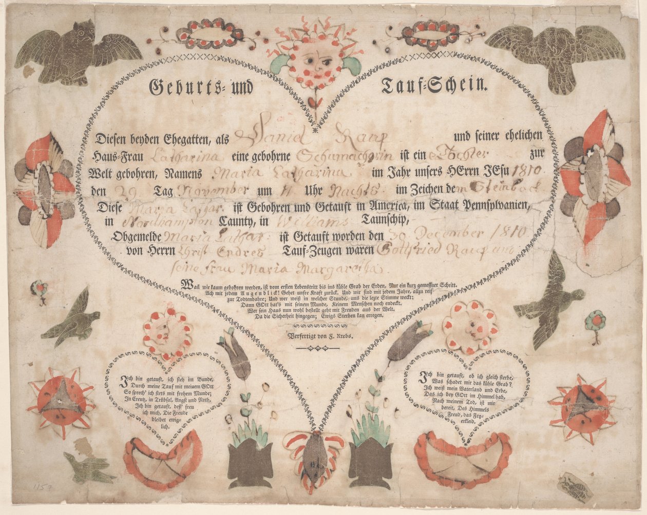 Fødsels- og dåpsattest (Geburts und Taufschein) for Maria Catharina Raup ca. 1806 (penn og blekk med akvarell på papir) av American School