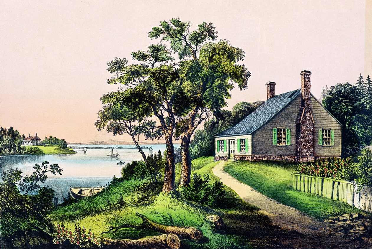 Fødested til George Washington i Bridges Creek, Westmoreland County, Virginia, 22. februar 1732, utgitt av Currier og Ives av American School