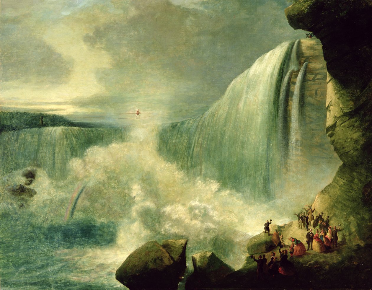 Blondin krysser Niagarafallene på et stramt tau, ca. 1859-60 av American School
