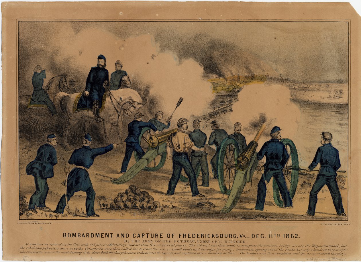 Bombardement og fangst av Fredericksburg, Va. 11. desember 1862, pub. av Currier & Ives, ca. 1862 av American School