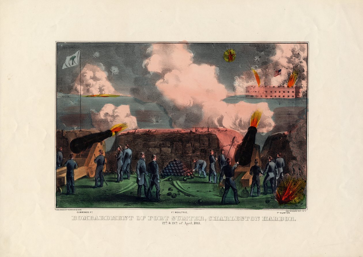 Bombardement av Fort Sumter, Charleston Harbor, 12. og 13. april 1861, pub. av Currier & Ives, ca. 1861 av American School