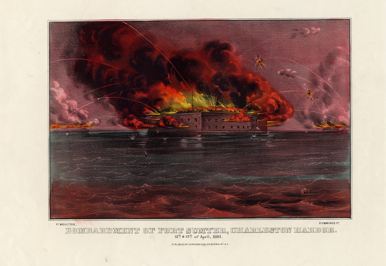 Bombardement av Fort Sumter, Charleston Harbor, 12. og 13. april 1861, pub. av Currier & Ives, ca. 1861 av American School