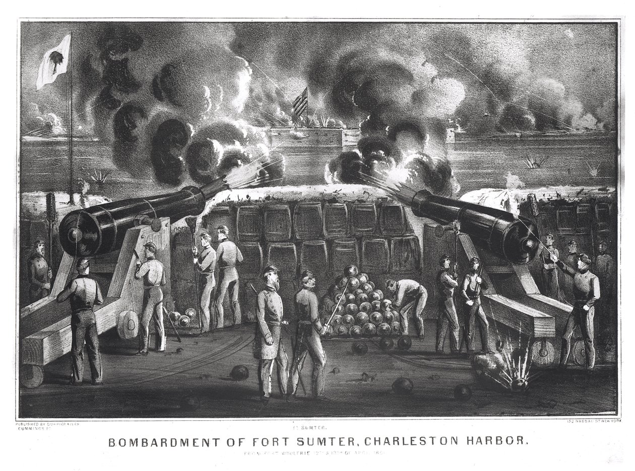 Bombardement av Fort Sumter, Charleston Harbor fra Fort Moultrie, 12. og 13. april 1861, pub. av Currier og Ives av American School