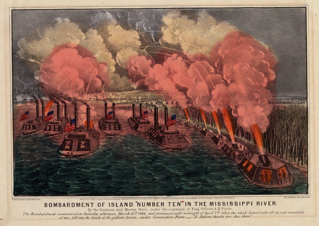 Bombardement av øy nummer ti i Mississippi-elven, pub. av Currier & Ives, 1862 av American School
