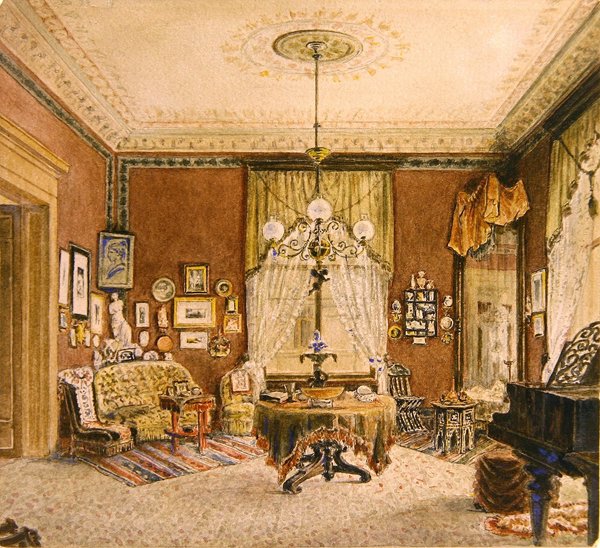 Boston salonginteriør, ca. 1890 (akvarell på papir) av American School