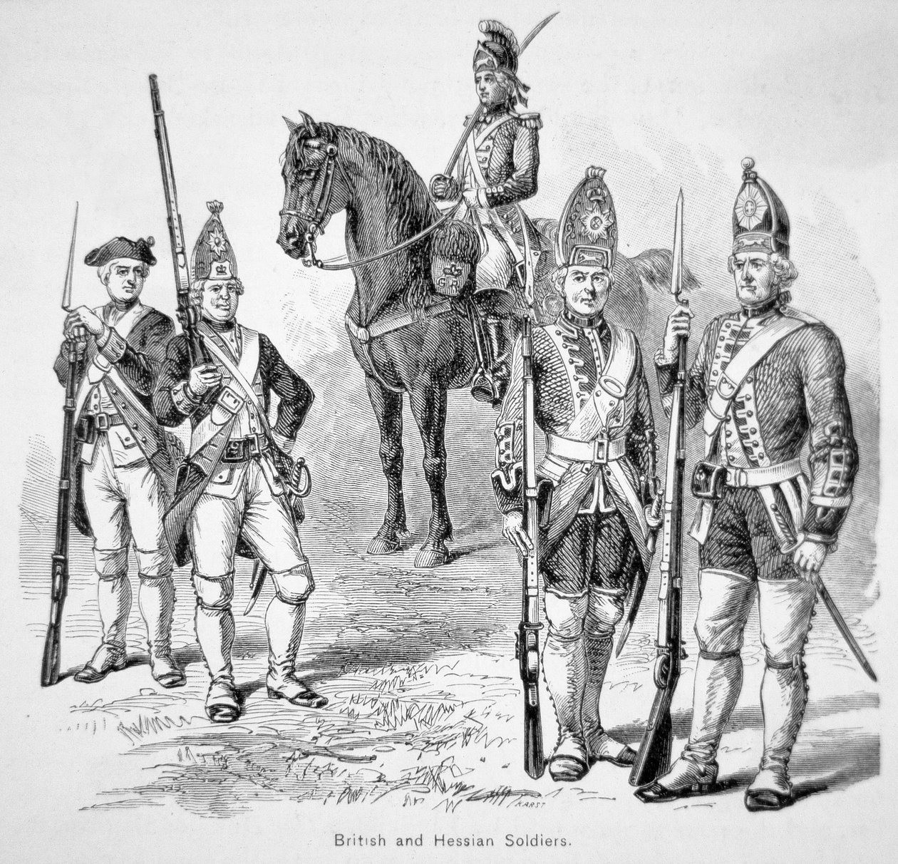 Britisk og hessisk soldat, under den amerikanske revolusjonskrigen (gravering) av American School