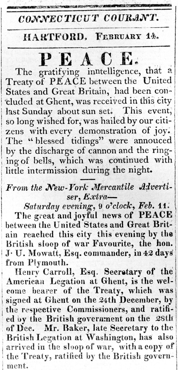 Bredside kunngjør fred mellom USA og Storbritannia etter krigen i 1812, trykt i Connecticut Courant, 1815 (trykk) av American School