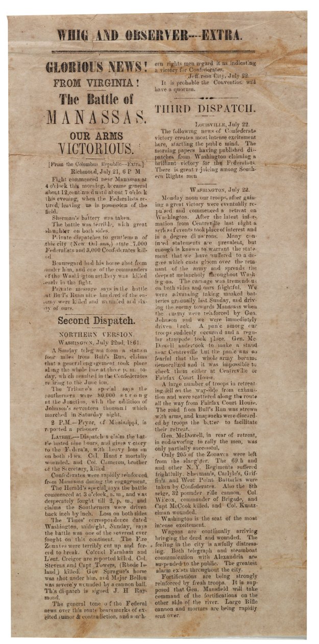 Broadside kunngjorde det første slaget ved Manassas, Whig og Observer Extra, etter 22. juli 1861 av American School