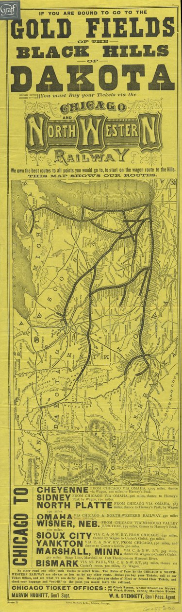 Broadside for Chicago og North Western Railway, trykt av Rand McNally, ca. 1870 av American School