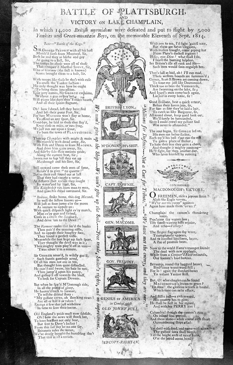 Broadside fra krigen i 1812, med slaget ved Plattsburgh og Victory on Lake Champlain (trykk) av American School