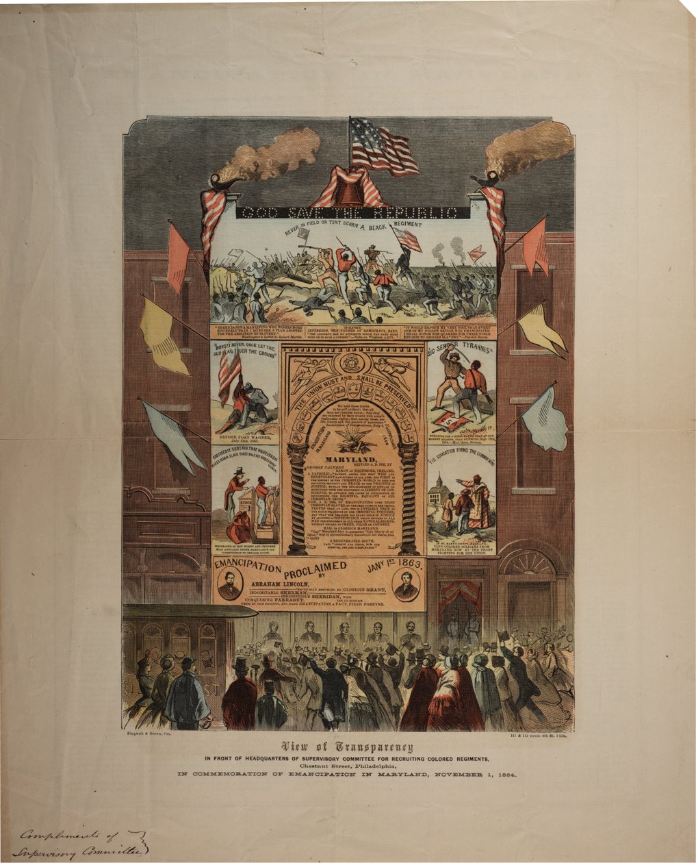 Bredside angående rekruttering av afroamerikanere og feiring av frigjøring i Maryland, Ringwalt & Brown (fl.1863-1865), ca. 1. november 1864 (se også GLC 696015, 696016 og 696017) av American School