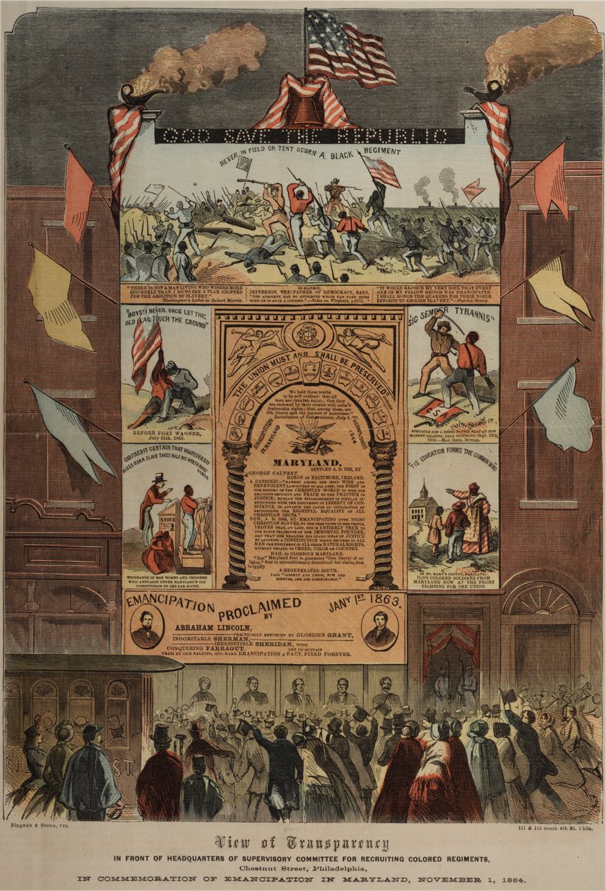 Bredside angående rekruttering av afroamerikanere og feiring av frigjøring i Maryland, Ringwalt & Brown (fl.1863-1865), ca. 1. november 1864 (se også GLC 696014, 696016 og 696017) av American School