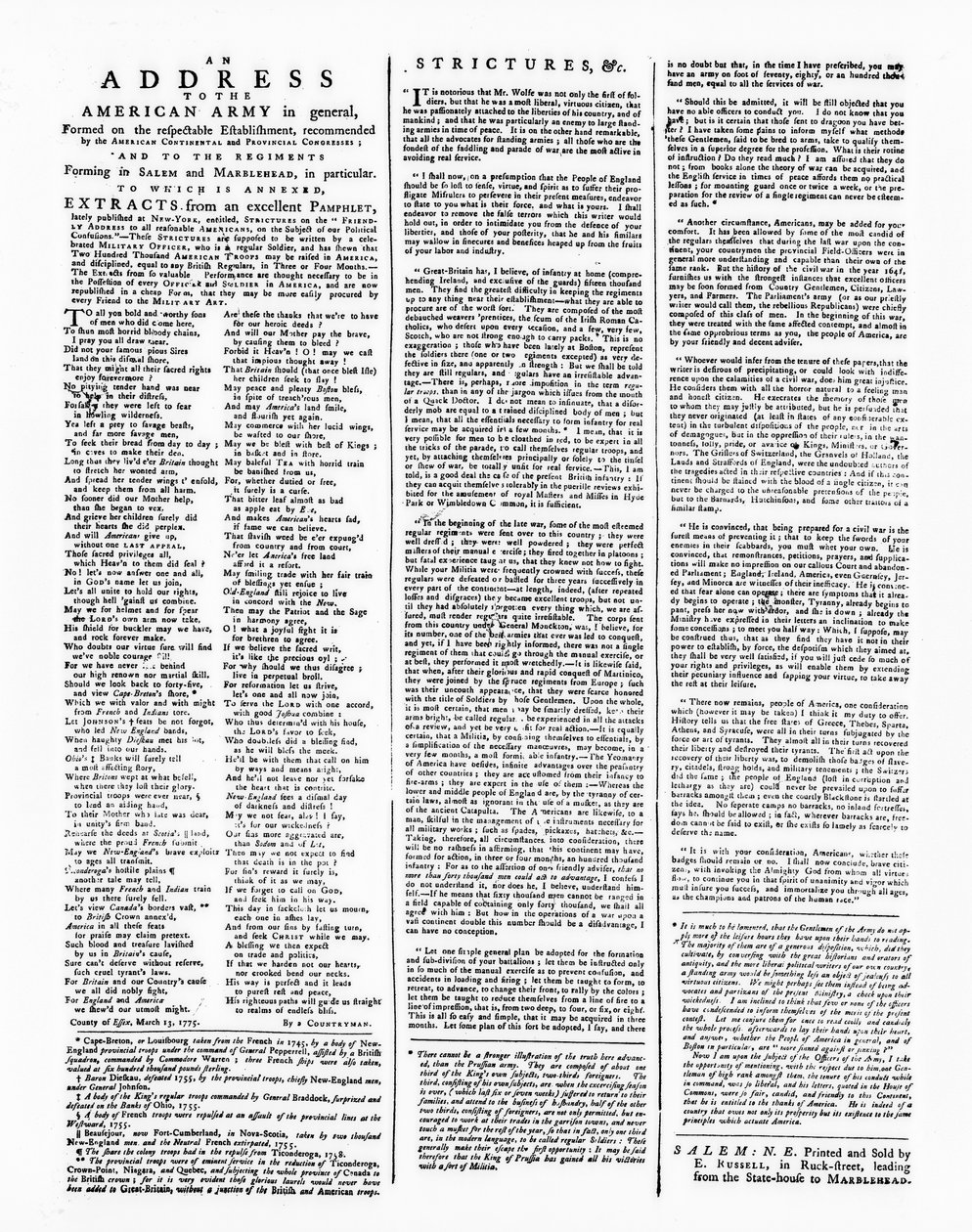 Bredside med adresse til den amerikanske hæren, Salem, 1775 (trykk) av American School