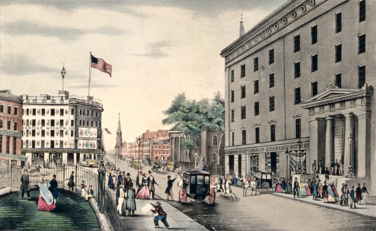 Broadway New York, sør for parken, gravert og pub. av Nathaniel Currier (1813-88) New York, av American School