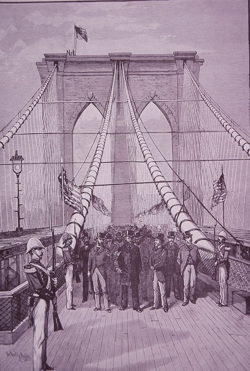 Brooklyn Bridge, president Arthur ved åpningsseremonien, 24. mai 1883 (gravering) av American School