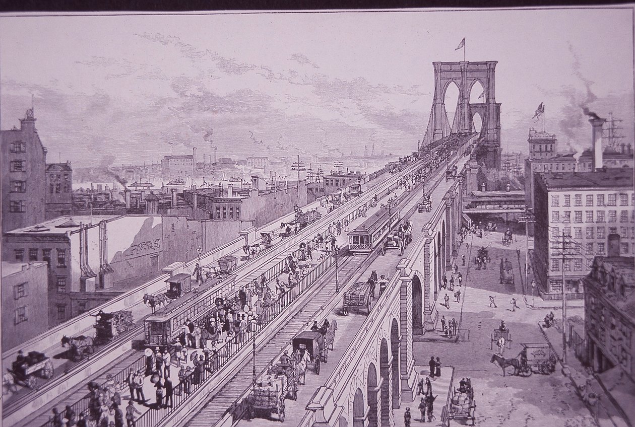 Brooklyn Bridge like etter åpningsseremonien, publisert 26. mai 1883 (gravering) av American School