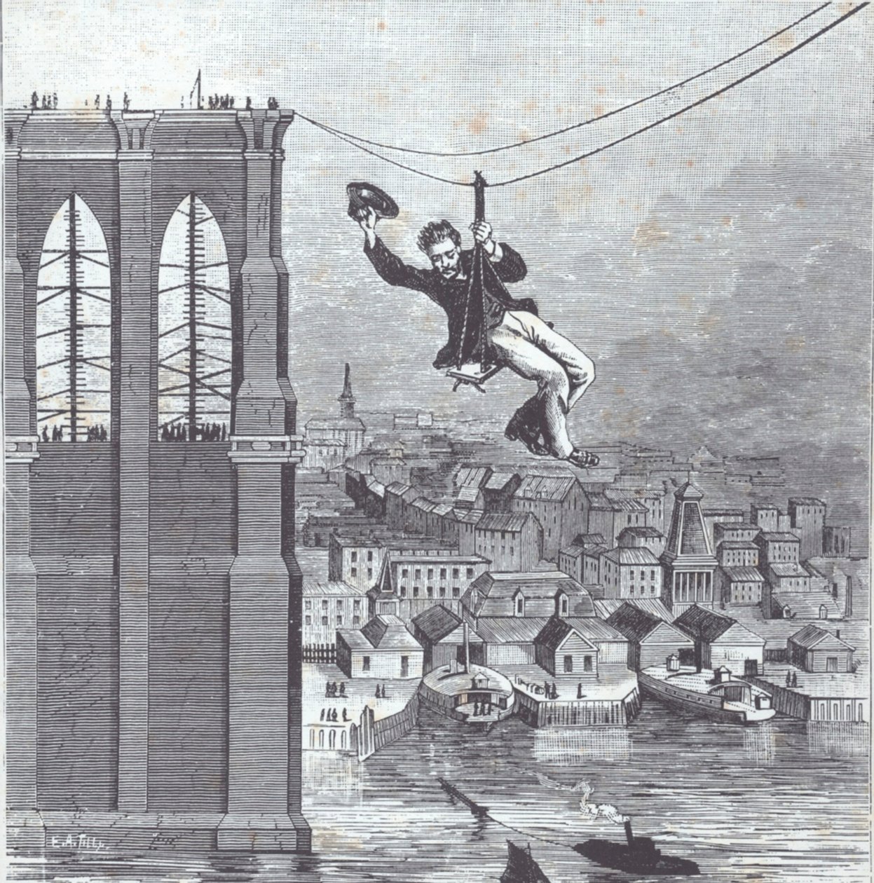 Brooklyn Bridge under bygging; Herr Farrington, sjef for konstruksjonsleder, er den første som krysser spennet mellom de to pylonene 25. august 1876 (gravering) av American School