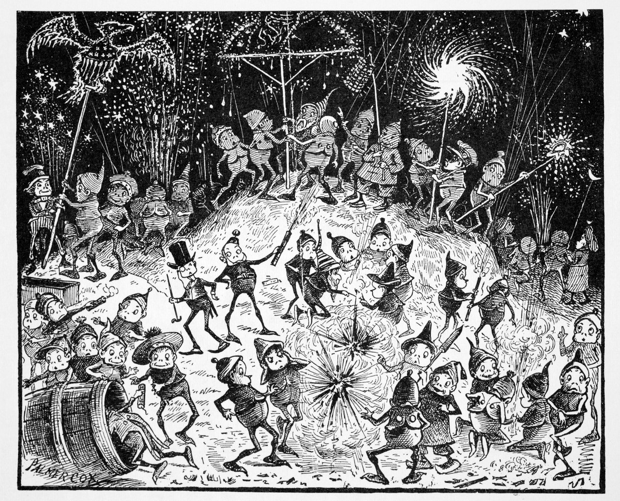 Brownies, fra The World Guide to Gnomes, Fairies, Alves and Other Little People av Thomas Keightley (1789-1872) Publisert 1880, (BW Engraving) av American School