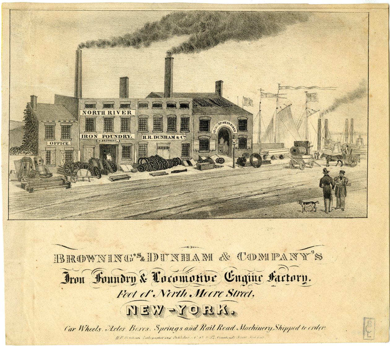 Brownings & Dunham & Companys Iron Foundry & Locomotive Engine Factory, foten av North Moore Street, New-York av American School